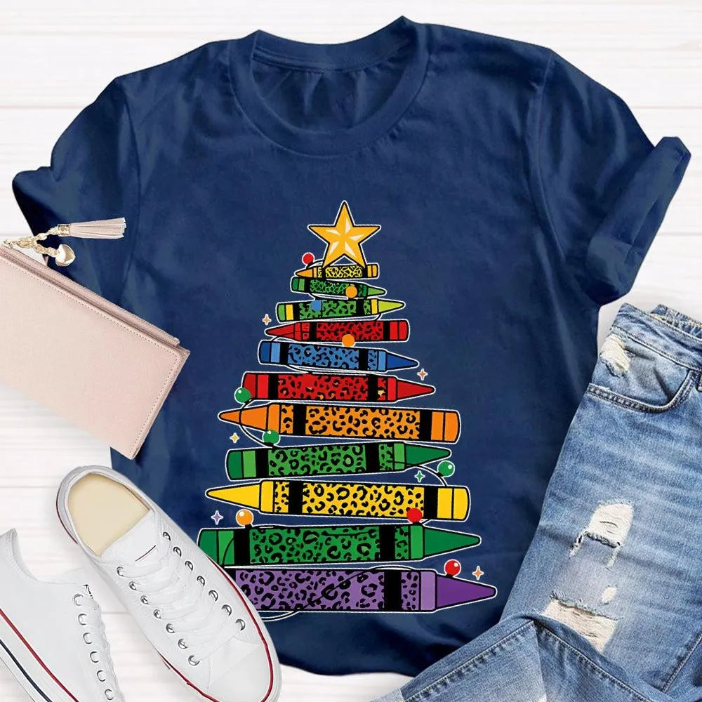 Art Teacher T-Shirt, Colored Pencils Leopard Christmas Tree Shirt, Holiday Graphic Tee, Festive Art Teacher Shirt, Christmas 