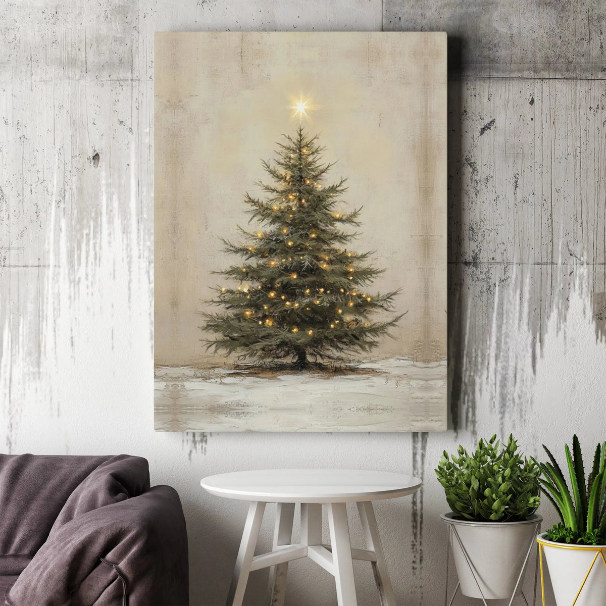 Rustic Farmhouse Tree Print, Christmas Tree Canvas Wall Art, Glowing Star Holiday Poster, Digital Download Canvas Art, Winter