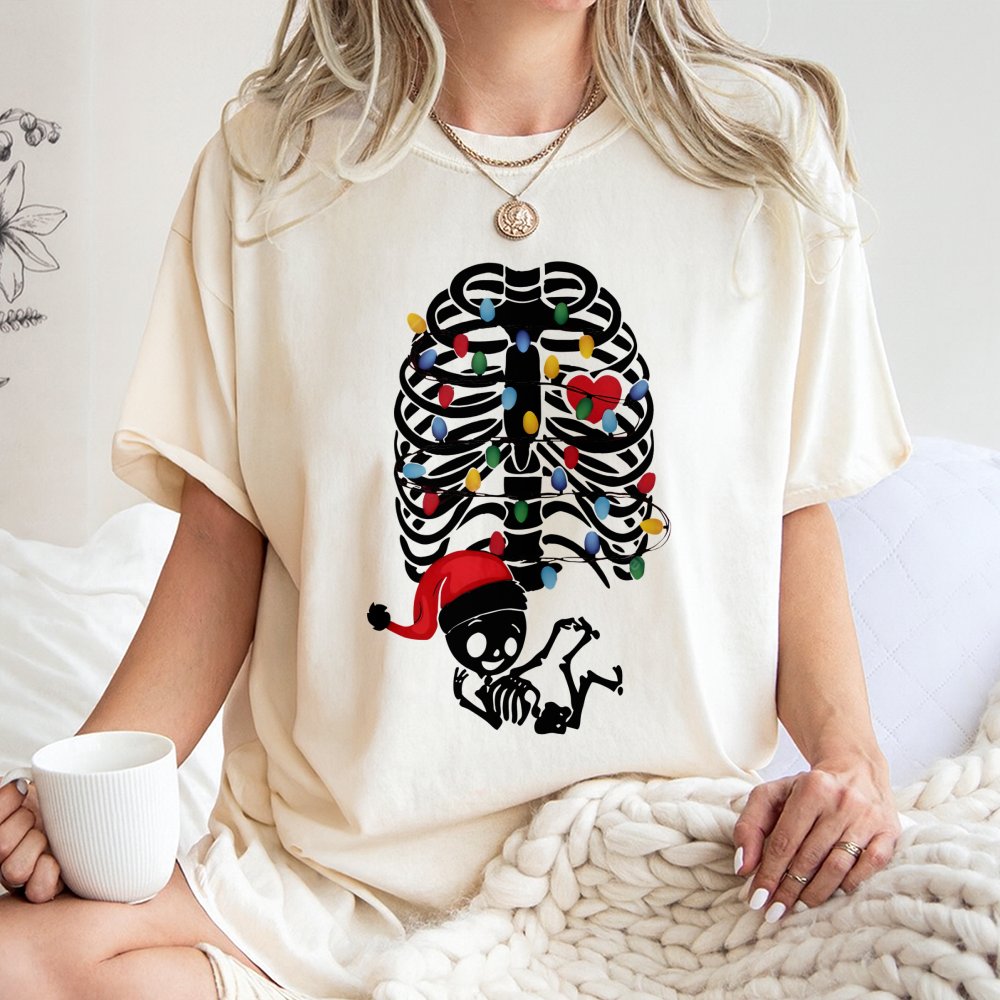 Skeleton Baby Holiday Lights Tee, Christmas Pregnancy T-Shirt, Humorous Maternity Xmas Shirt, Adorable Pregnancy Announcement
