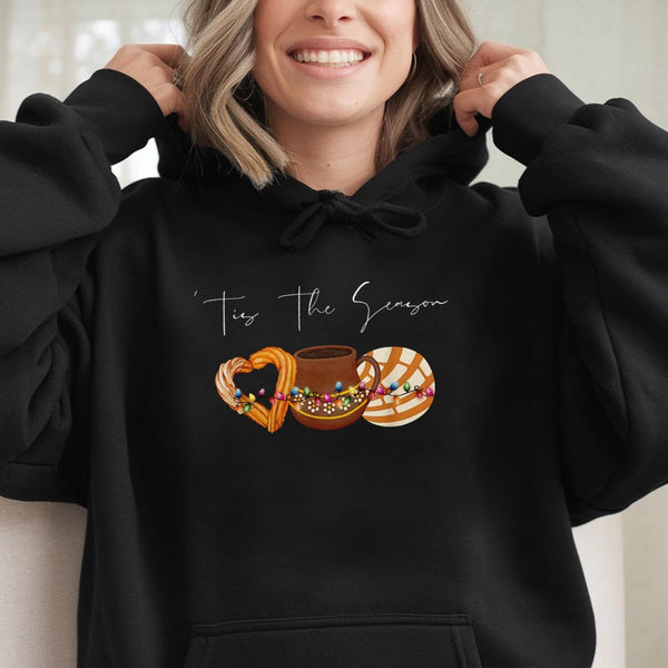 Concha Churro Hot Chocolate Hooded Sweatshirt, Tis the Season Mexican Christmas Hoodie, Pan Dulce Holiday Sweater, Mexican Fo