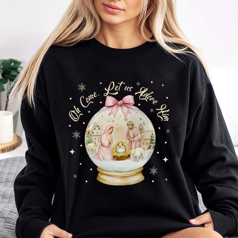 Christian Nativity Snow Globe Crewneck, Oh Come Let Us Adore Him Sweatshirt, Faith Christmas Sweater, Religious Holiday Pullo