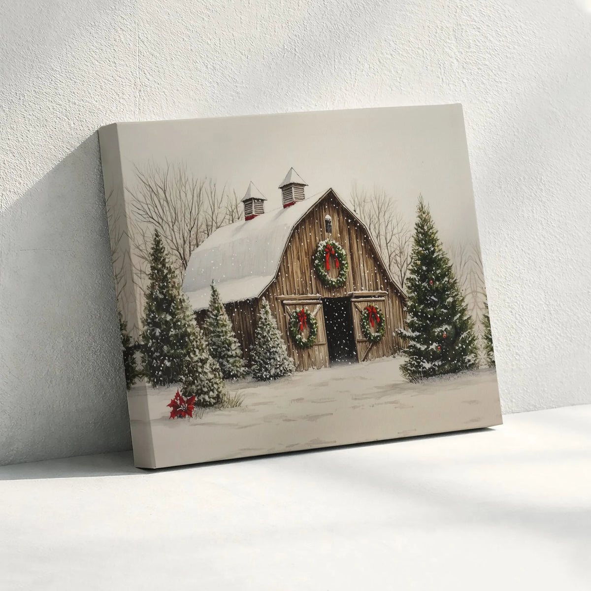 Rustic Winter Farmhouse Canvas Print, Snowy Christmas Barn Canvas Wall Art, Holiday Landscape Canvas Decor, Country Xmas Wall