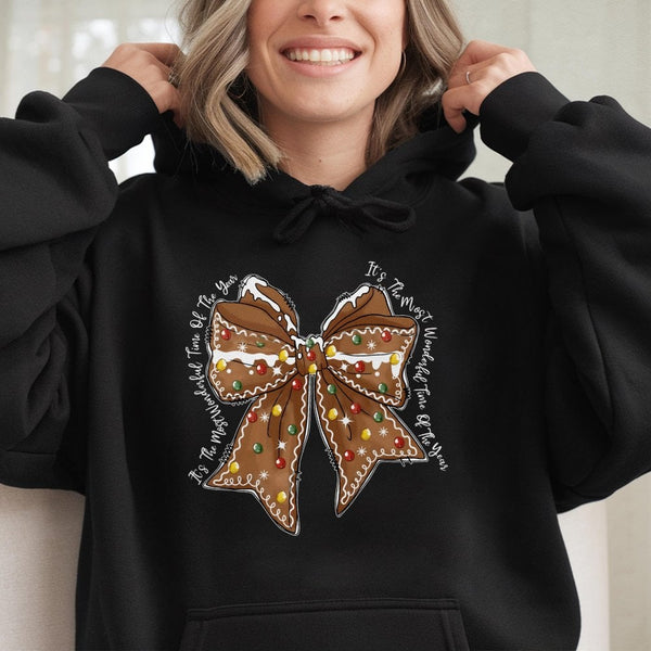Coquette Gingerbread Hoodie, Gingerbread Bow Christmas Hoodie, Adorable Holiday Aesthetic Sweatshirt, Pastel Xmas Pullover, C