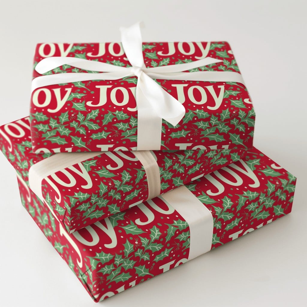 Red Holly Berry Gift Wrap, JOY Christmas Wrapping Paper, Festive Holiday Wrapping Paper, Xmas Gift Wrap Roll, Winter Present 