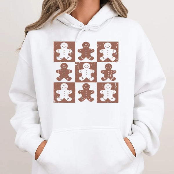 Retro Checkered Christmas Sweatshirt, Gingerbread Man Hoodie, Adorable Holiday Cookie Hooded Pullover, Adorable Festive Xmas 
