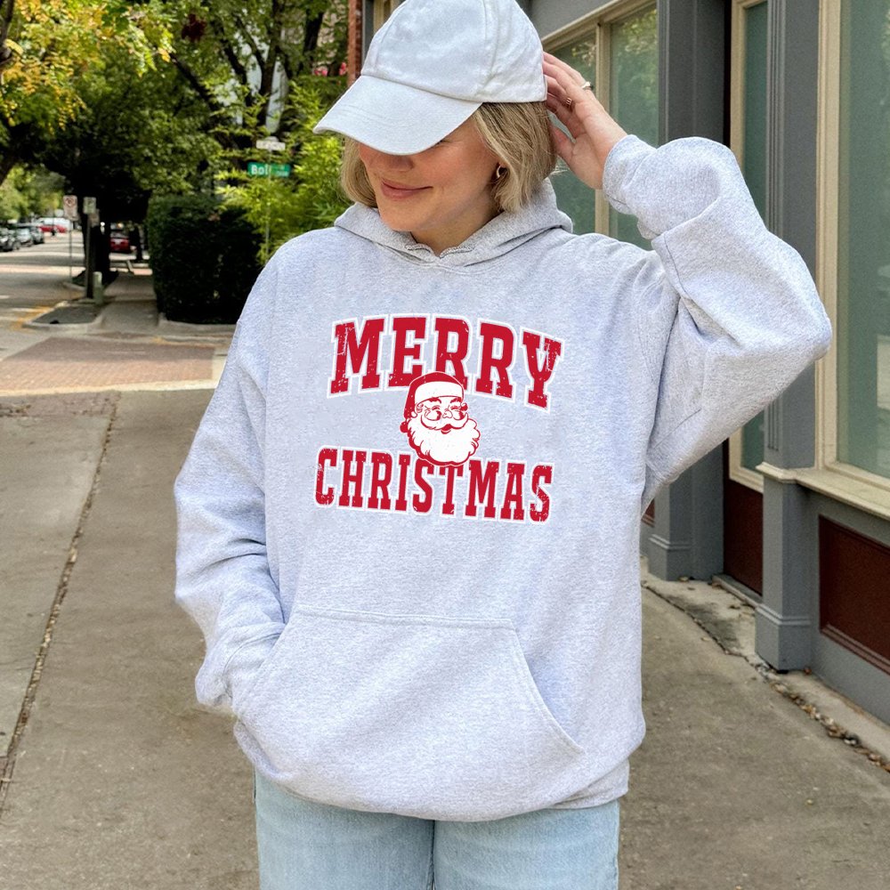 Vintage Santa Hooded Sweatshirt, Merry Christmas Santa Hoodie, Retro Christmas Graphic Hoodie, Comfy Holiday Pullover Hoodie 