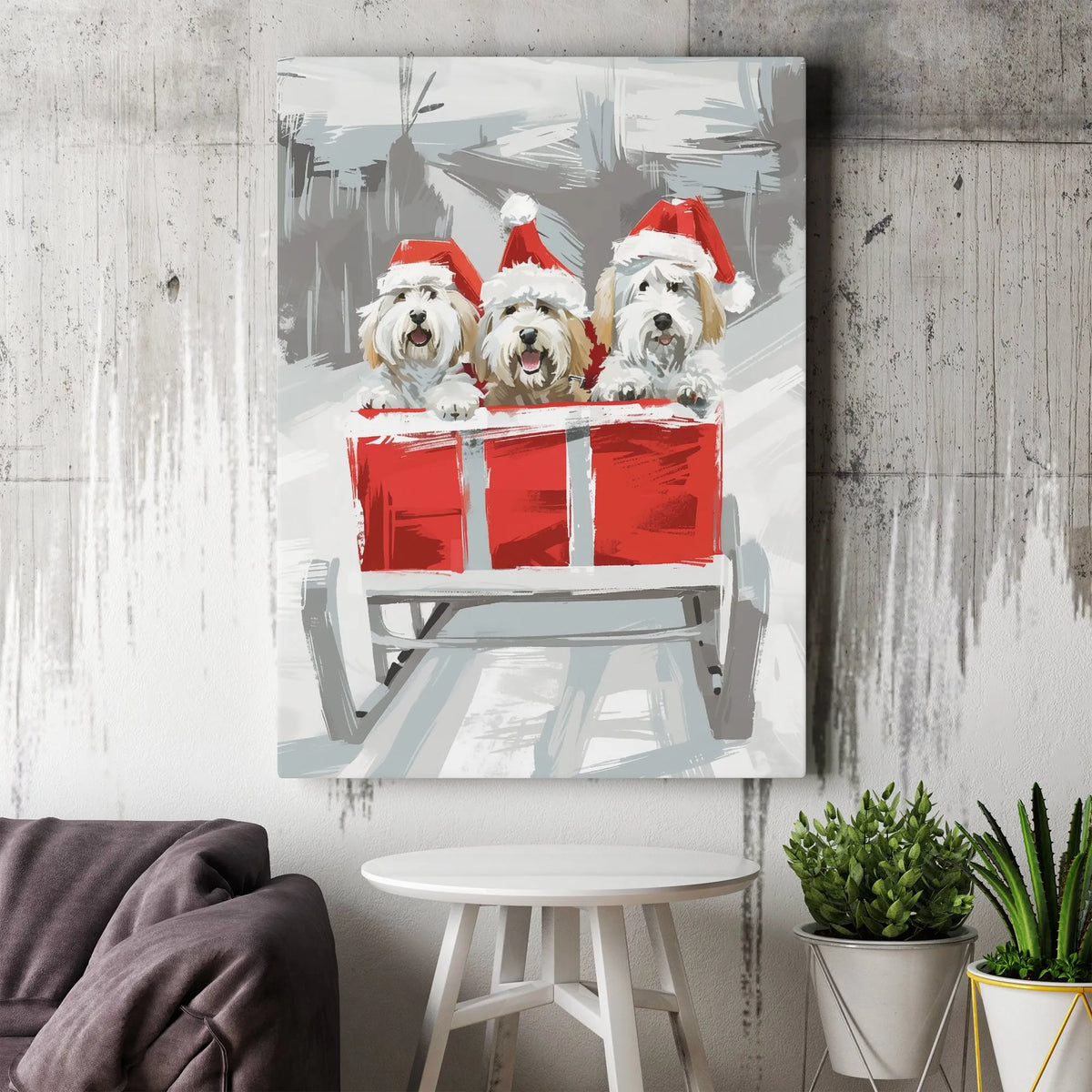 Adorable Dogs in Santa Hats Wall Art, Christmas Dogs Sleigh Canvas Print, Festive Winter Holiday Poster, Puppy Lover Digital 