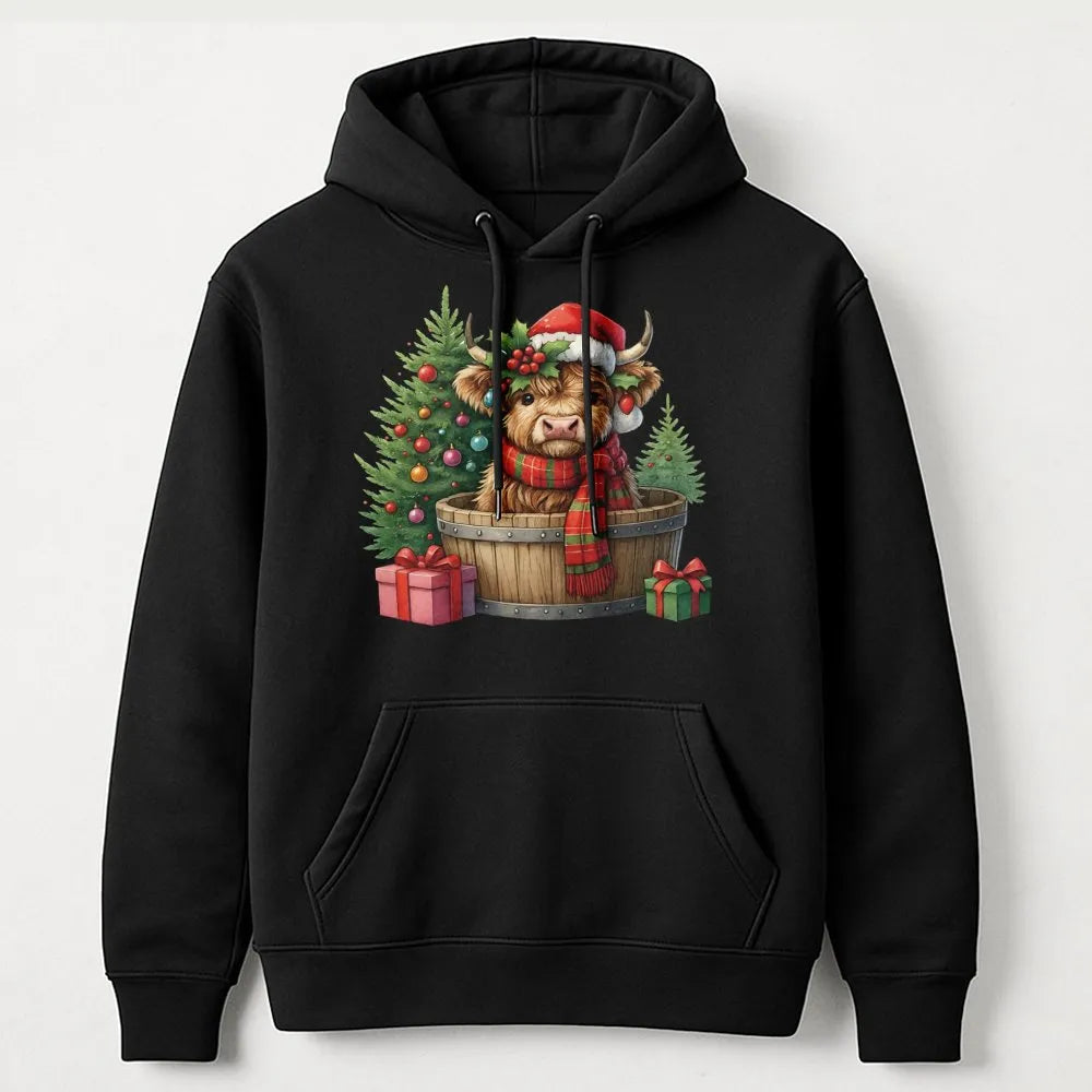 Baby Cow in Barrel Sweatshirt, Christmas Highland Cow Hoodie, Festive Farm Animal Pullover, Holiday Cow Hooded Sweatshirt, Xm