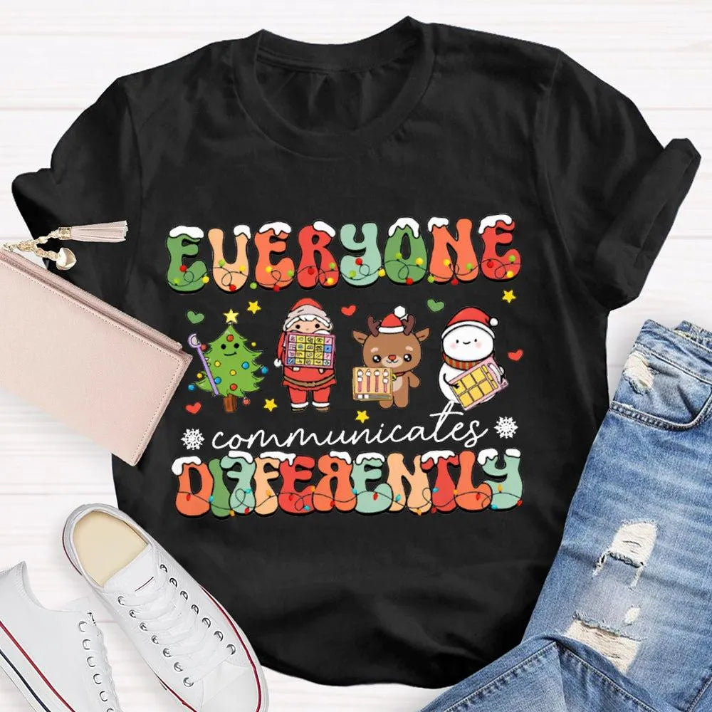 Festive Lights Neurodiversity Tee, Everyone Communicates Differently Christmas Shirt, SPED Teacher Holiday T-Shirt, ASL Xmas 