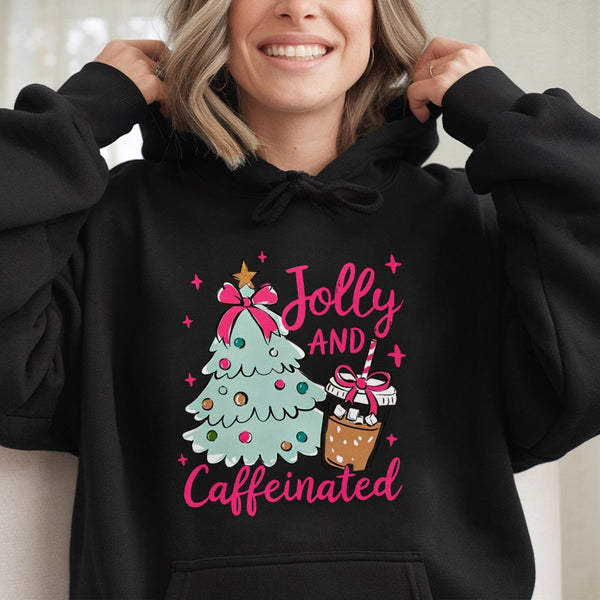 Christmas Coffee Lover Hoodie, Jolly and Caffeinated Hoodie, Adorable Holiday Coffee Pullover, Comfy Xmas Coffee Hoodie, Wint