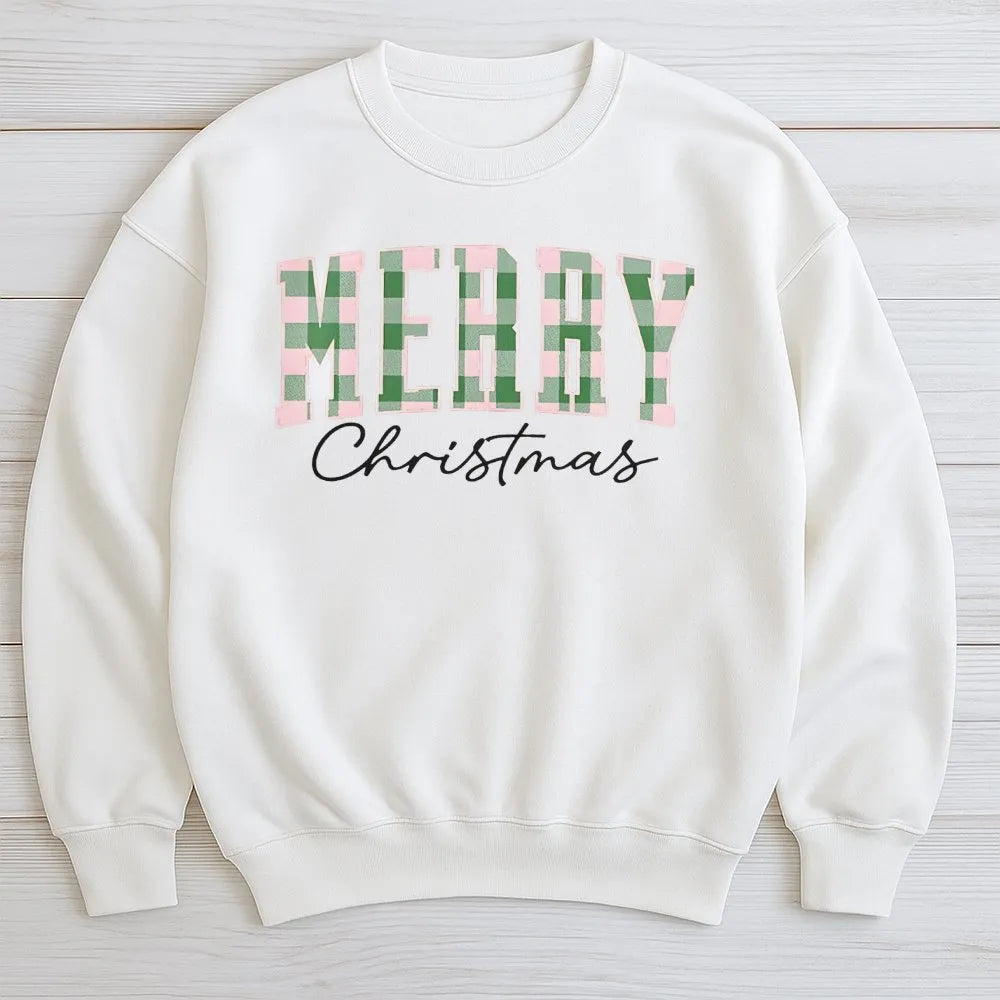 Green Buffalo Plaid Holiday Sweater, Merry Christmas Sweatshirt, Vintage Xmas Lettering Crewneck, Family Winter Pullover