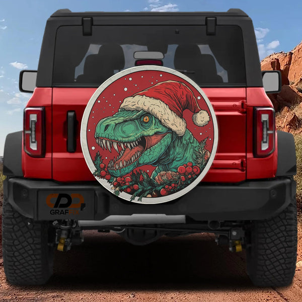 Santa Hat Dinosaur Wheel Cover, Dino Claus T-Rex Christmas Spare Tire Cover, Humorous Holiday Tire Protector, Xmas Present fo