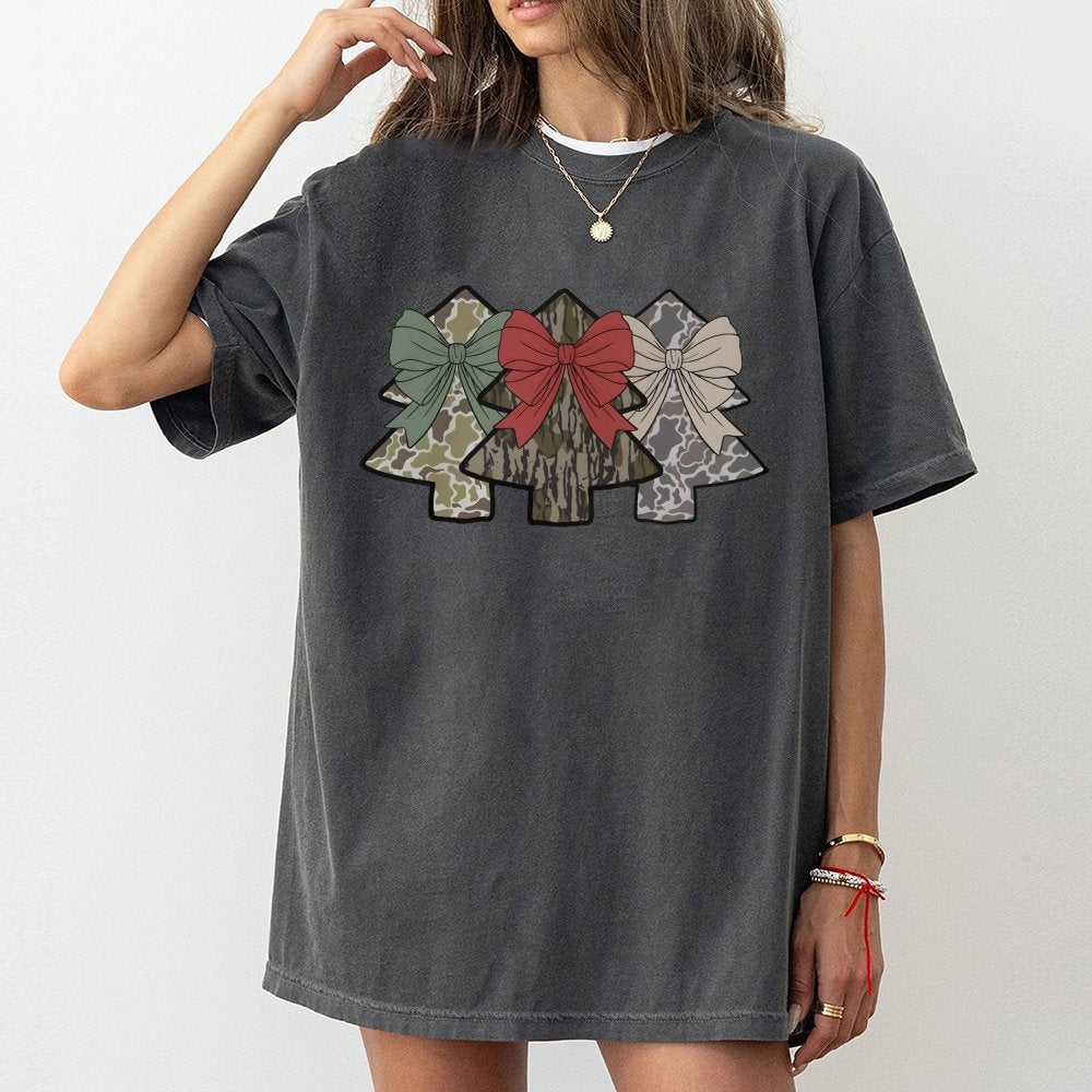 Coquette Bow Festive Camouflage Holiday Tee, Camo Christmas Tree T-Shirt, Southern Country Hunting Xmas Shirt, Hunting Lover 