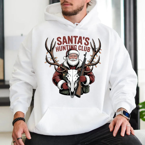 Christmas Deer Hunter Hoodie, Santa's Hunting Club Hoodie, Humorous Outdoorsman Sweatshirt, Hunting Hooded Sweatshirt, Holida