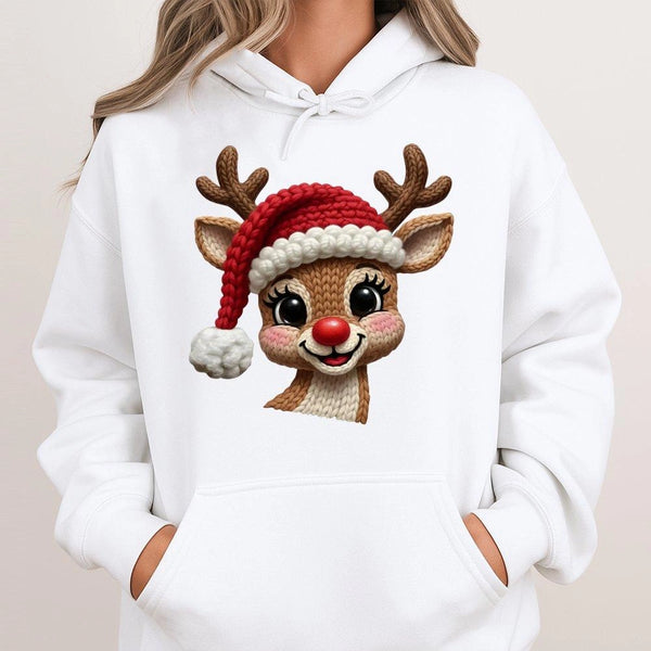 Faux Knit Red Nose Reindeer Hoodie, Reindeer Christmas Hoodie, Adorable Holiday Reindeer Graphic Hooded Sweatshirt, Xmas Pres