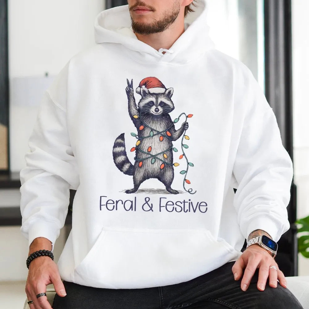 Humorous Christmas Animal Graphic Sweatshirt, Feral and Festive Raccoon Hoodie, Adorable Trash Panda Holiday Pullover, Retro 