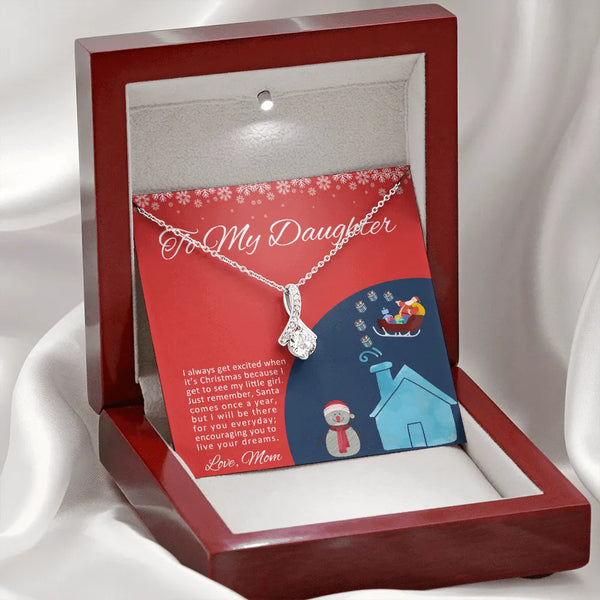 Sparkly Ribbon Pendant Necklace, To My Daughter Christmas Necklace, Cubic Zirconia Holiday Necklace, 14k White Gold Jewelry, 