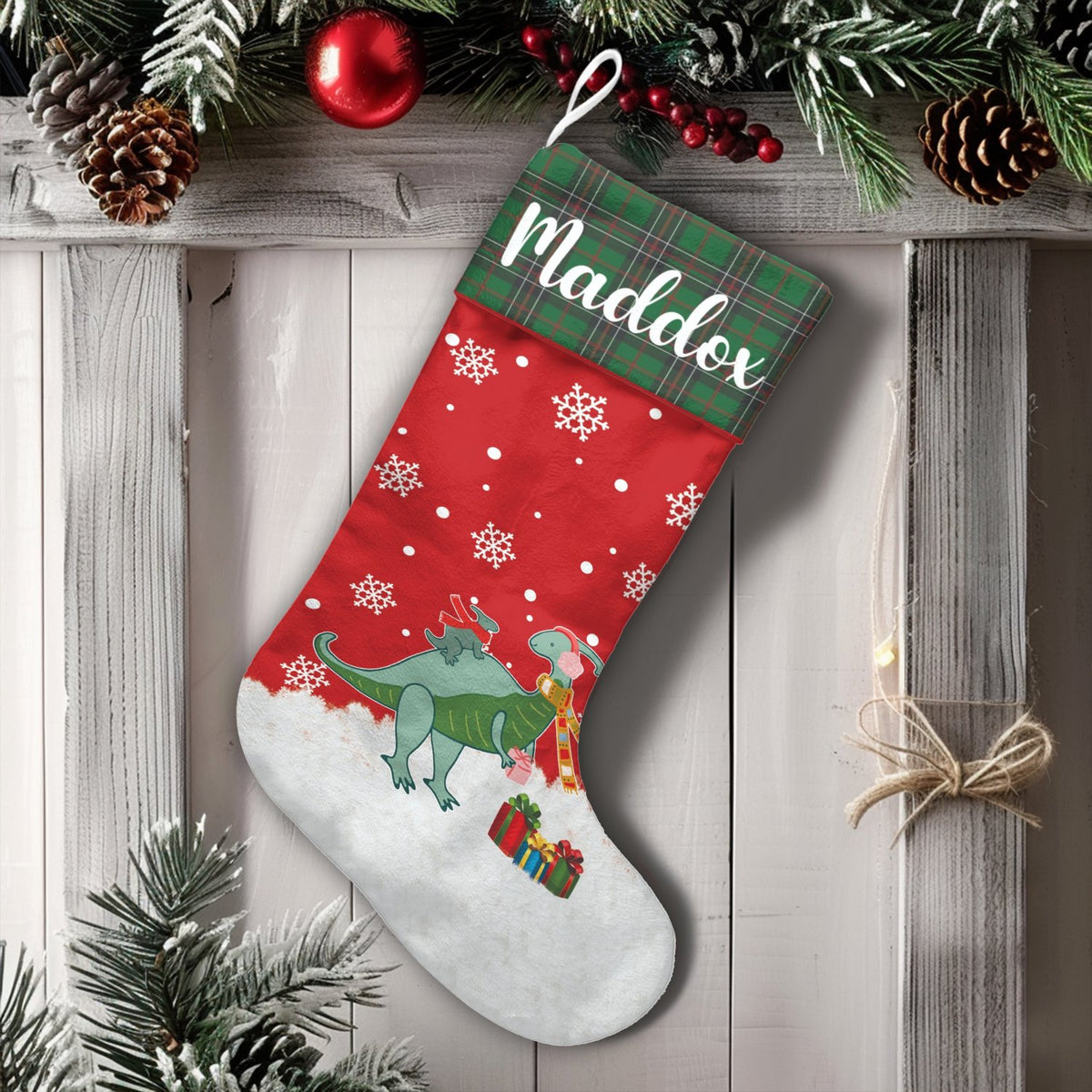 Custom Name Holiday Dino Stocking, Personalized Dinosaur Christmas Stocking, Adorable Kids Xmas Stocking, Festive Family Fire