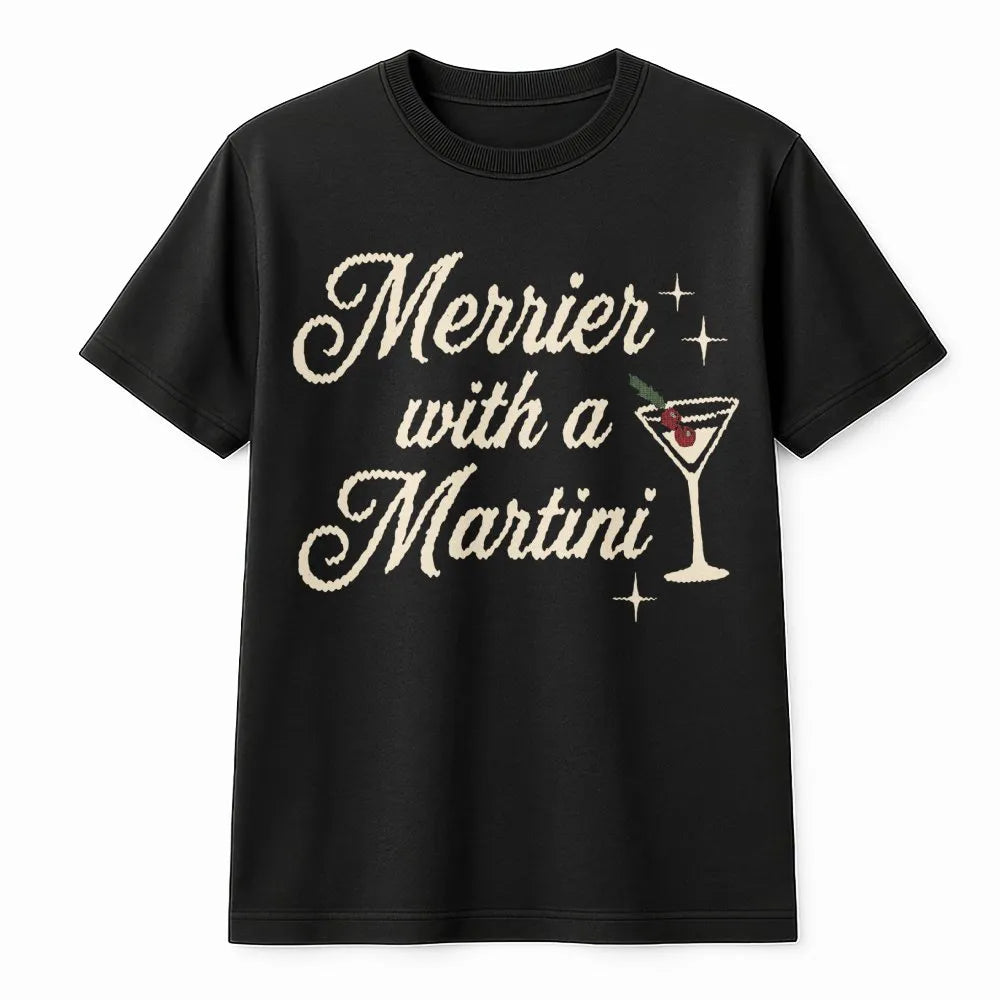 Retro Christmas Cocktail Graphic Tee, Merrier with a Martini Shirt, Humorous Holiday Drinking T-Shirt, Vintage Xmas Party Gra