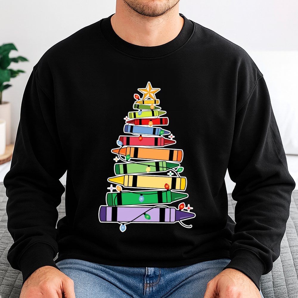 Crayon Tree Holiday Sweatshirt, Christmas Teacher Sweatshirt, Educator Winter Crewneck, School Teacher Xmas Pullover, Teacher
