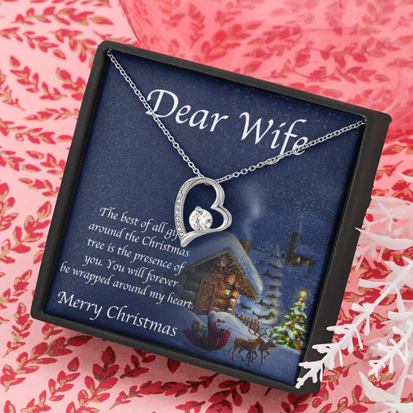 Christmas Wife Necklace, Forever Love Heart Necklace, 14K White Gold Finish Pendant Necklace, Romantic Holiday Jewelry, Prese