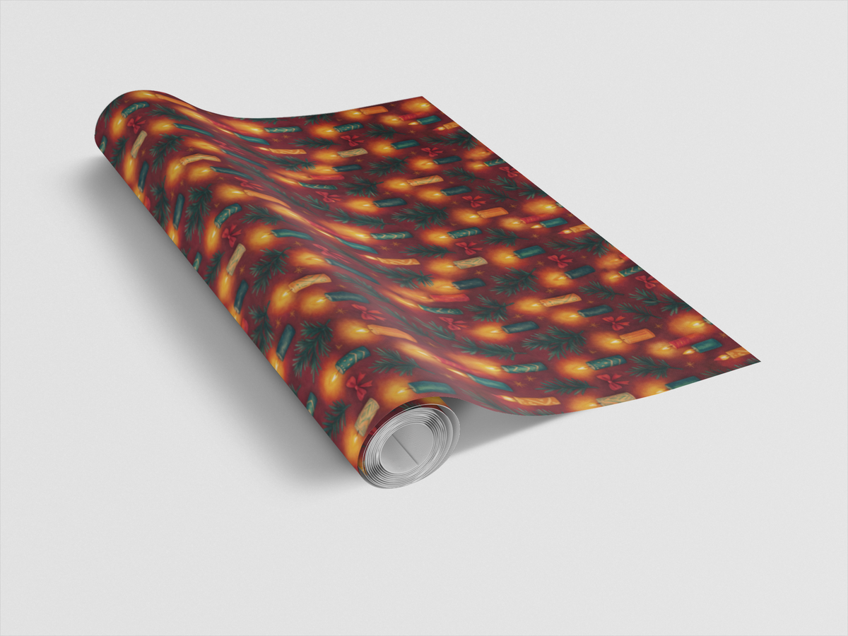 Red and Gold Holiday Gift Wrap, Candlelight Christmas Wrapping Paper, Festive Pine Candle Present Wrap, Winter Xmas Gift Wrap