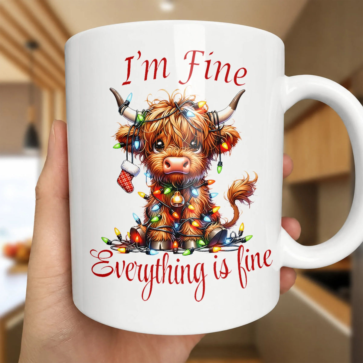 Tangled Lights Coffee Cup, Highland Cow Christmas Mug, Im Fine Everything Is Fine Ceramic Mug, Holiday Cow Lover Present, Sec
