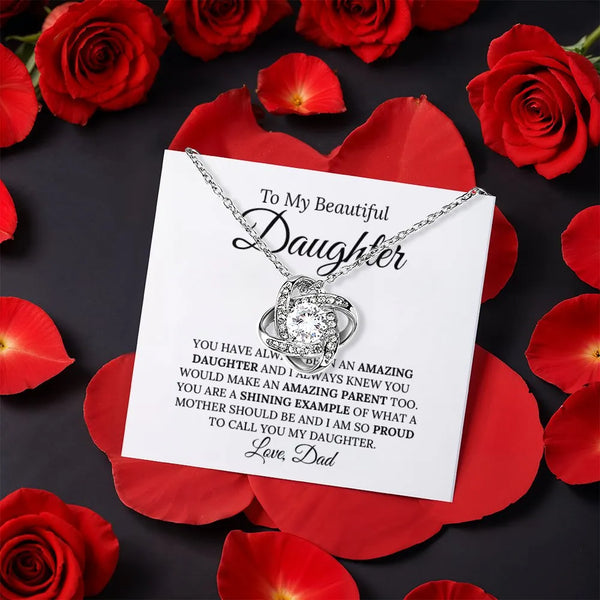 CZ Crystal Love Knot Pendant, Daughter Love Knot Necklace from Dad, Gold Love Knot Necklace, Birthday Jewelry Present, Christ