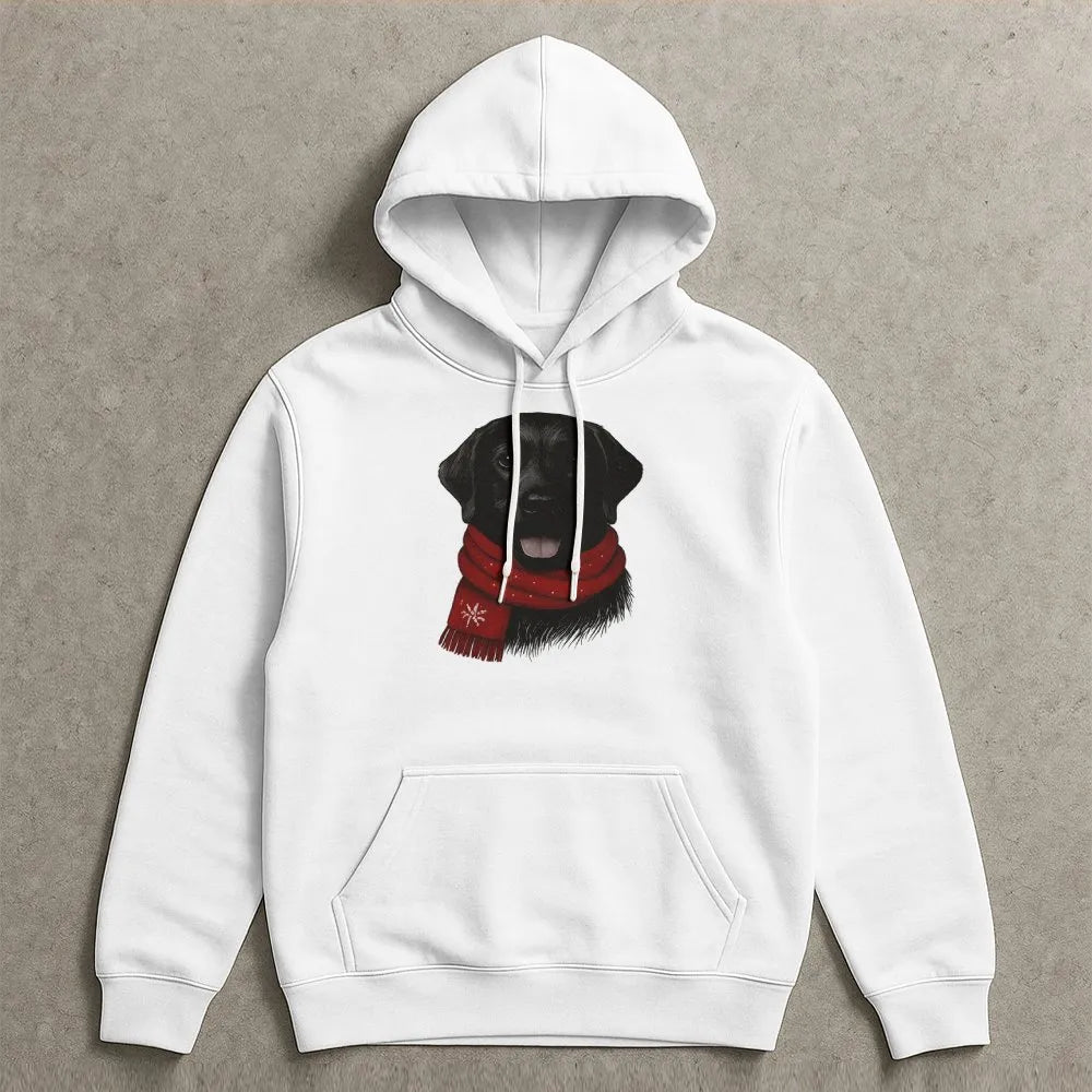 Adorable Dog Red Scarf Hoodie, Black Labrador Christmas Hoodie, Festive Pet Lover Sweatshirt, Black Lab Hooded Sweatshirt, Wi