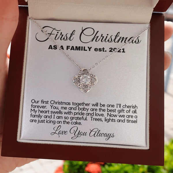 New Mom Christmas Love Knot Pendant, First Christmas Love Knot Necklace, 14k White Gold Holiday Love Knot Jewelry, Romantic W