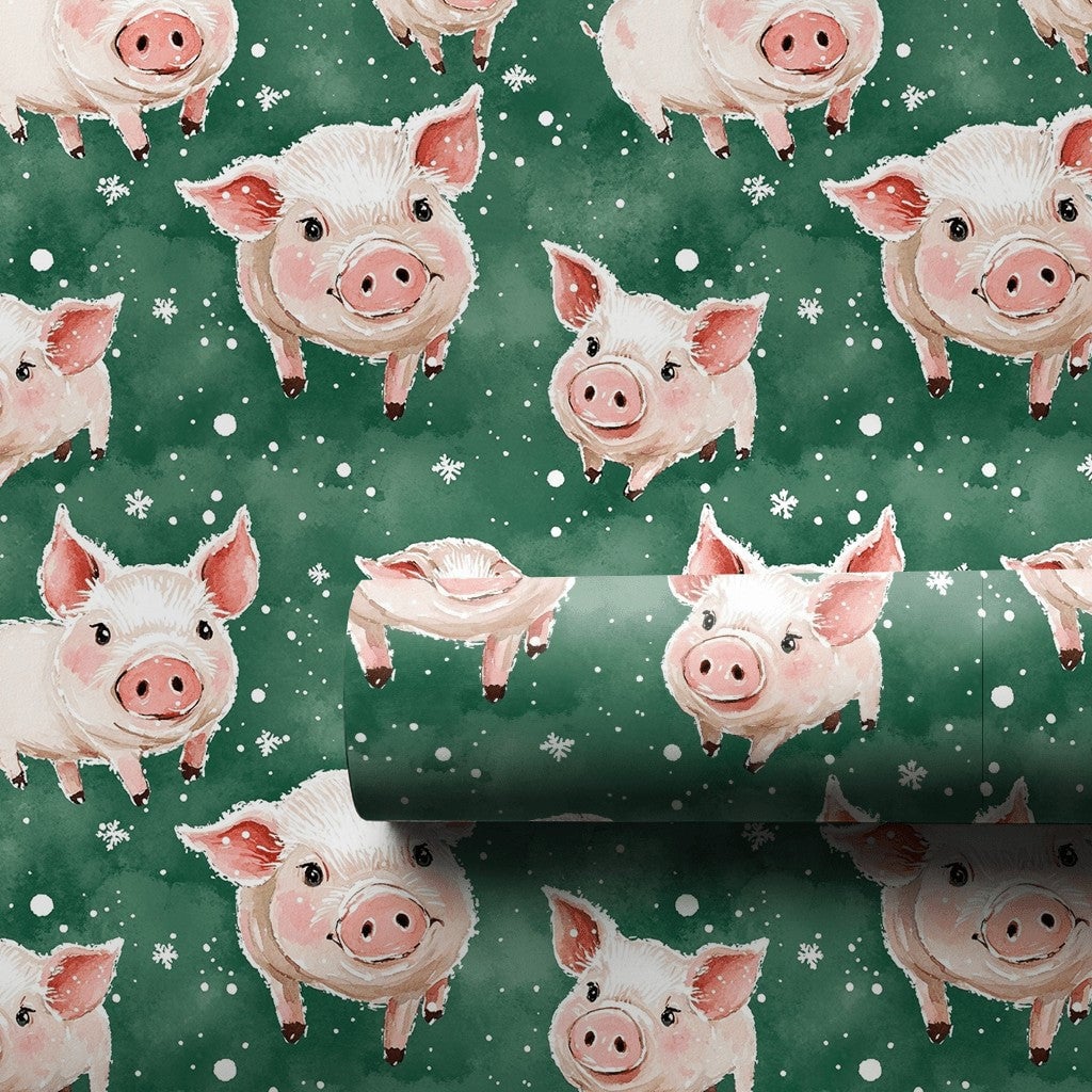 Adorable Watercolor Piglet Gift Wrap, Winter Pig Christmas Wrapping Paper, Dark Green Animal Wrapping Paper, Whimsical Holida