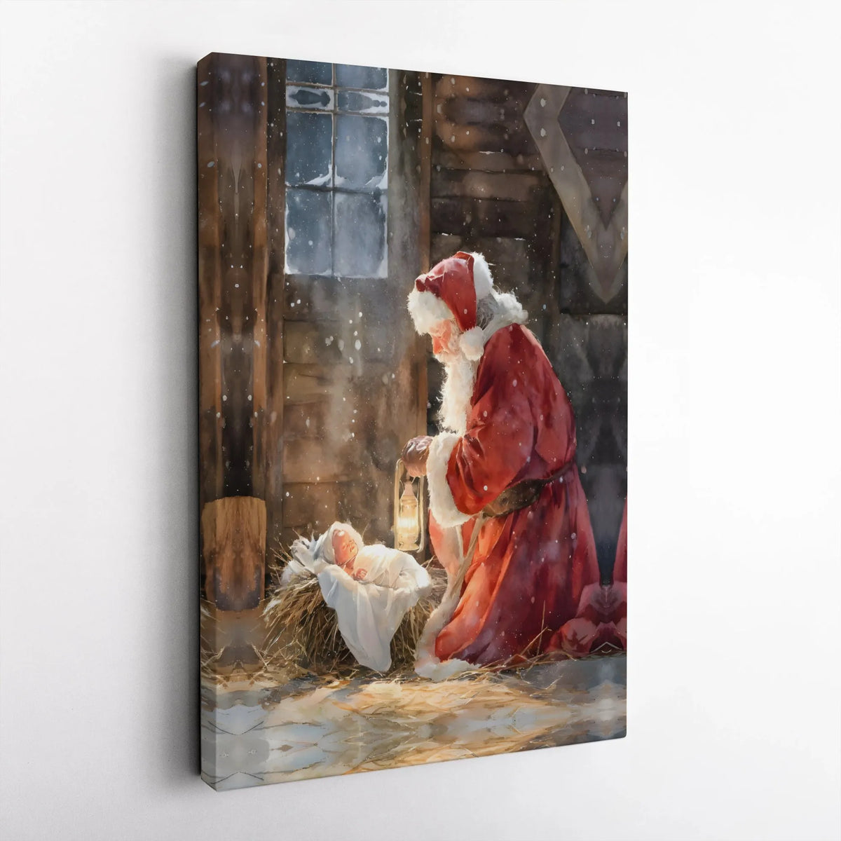 Baby Jesus Manger Scene Canvas, Santa Kneeling at Nativity Canvas Art, Religious Christmas Wall Art, Christian Holiday Canvas
