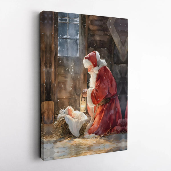 Baby Jesus Manger Scene Canvas, Santa Kneeling at Nativity Canvas Art, Religious Christmas Wall Art, Christian Holiday Canvas