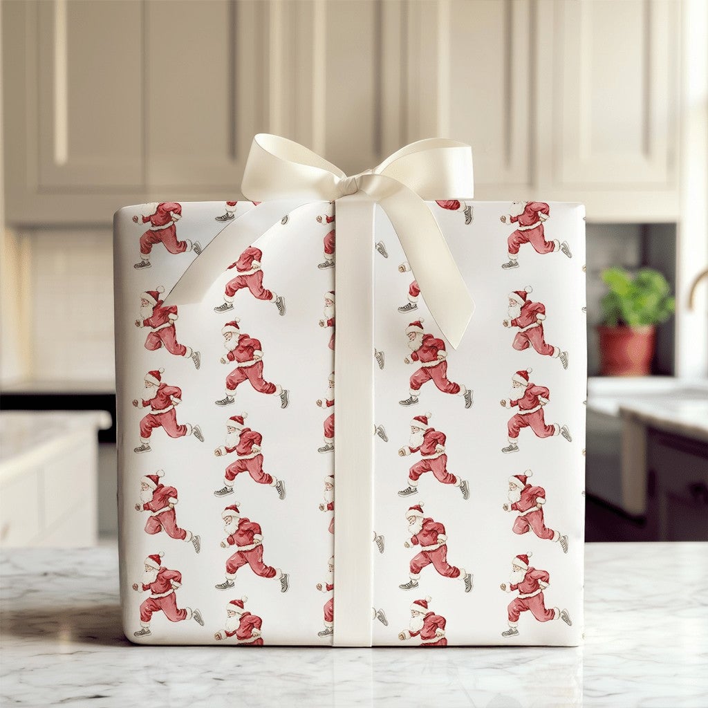 Jogging Claus Gift Wrap, Running Santa Christmas Wrapping Paper, Watercolor Runner Wrapping Paper, Humorous Holiday Fitness W