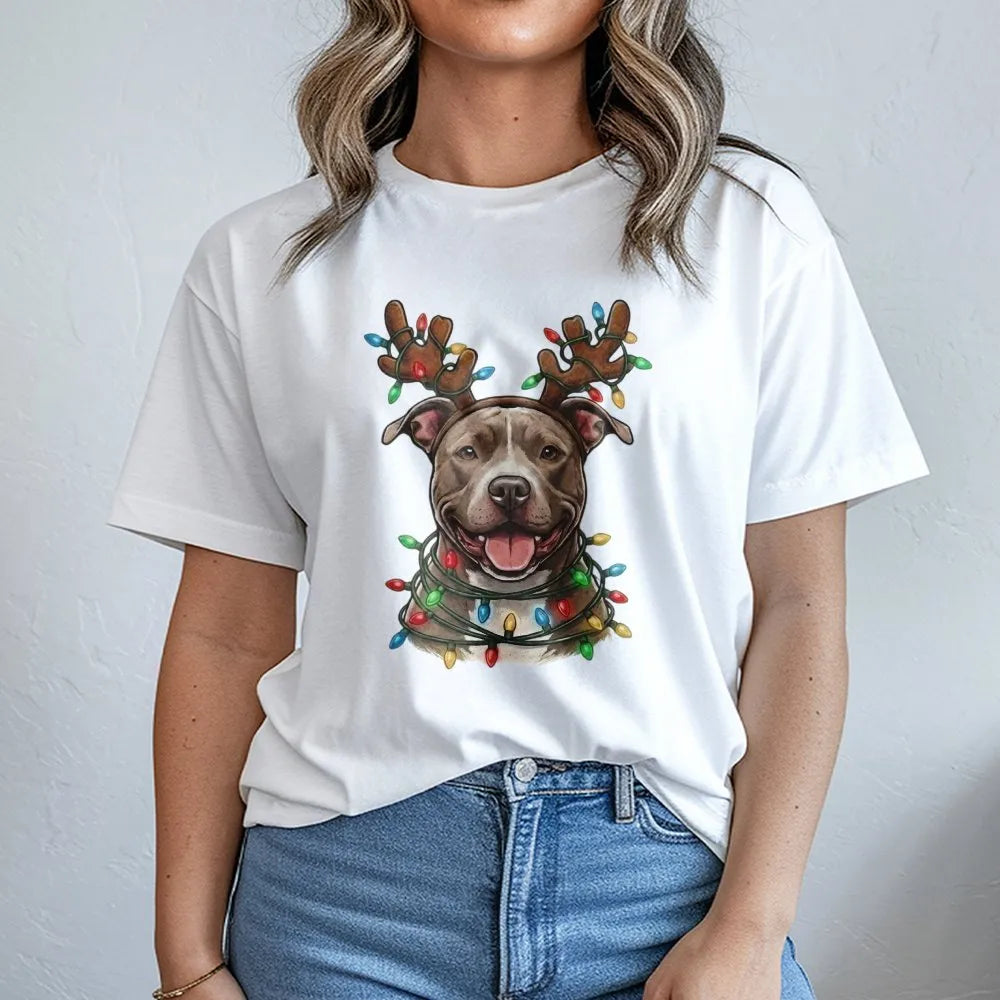 Reindeer Antlers Holiday Lights Shirt, Pitbull Christmas T-Shirt, Adorable Xmas Dog Graphic Tee, Festive Pup Apparel, Present