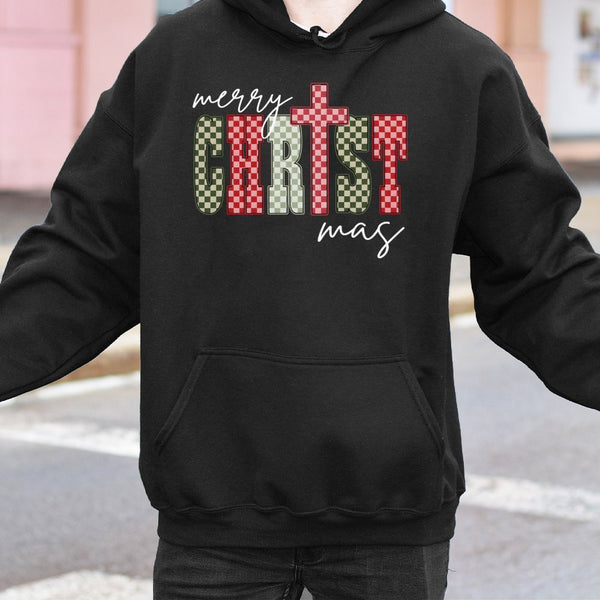 Checkered Holiday Christian Graphic Sweatshirt, Merry Christmas Cross Hoodie, Faith Nativity Pullover, Religious Xmas Present