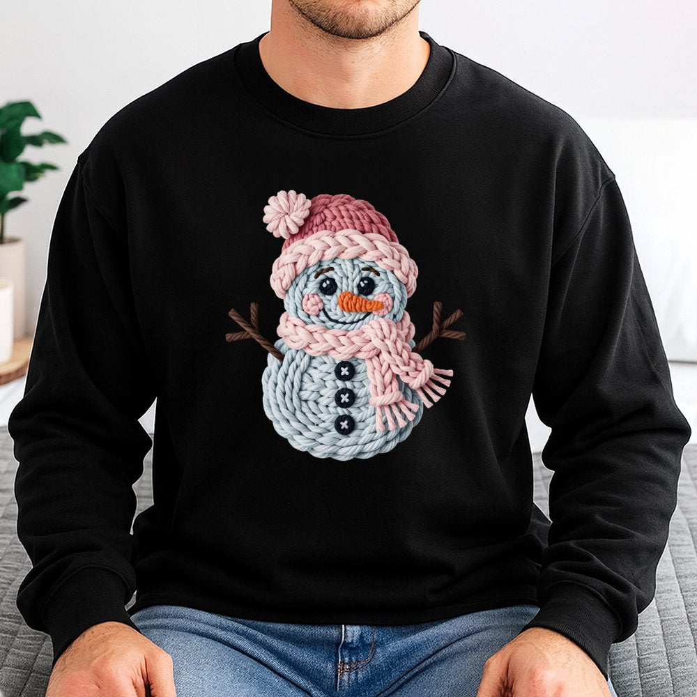 Yarn Knit Texture Graphic Holiday Sweater, Adorable Snowman Sweatshirt, Comfy Christmas Crewneck, Winter Season Aesthetic Pul