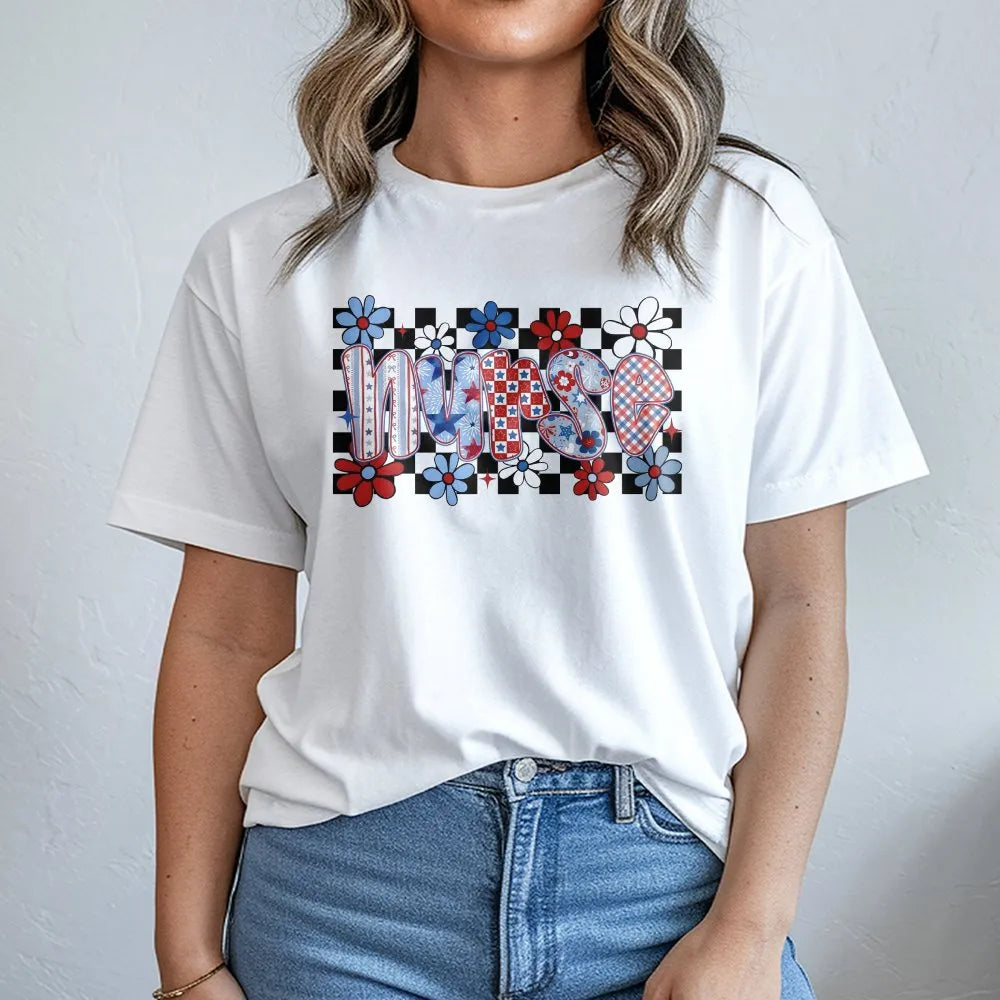 Patriotic Nurse T-Shirt | USA Flag Floral Graphic | Soft Cotton Blend Sweatshirt | 4th of July Gift for Nurse