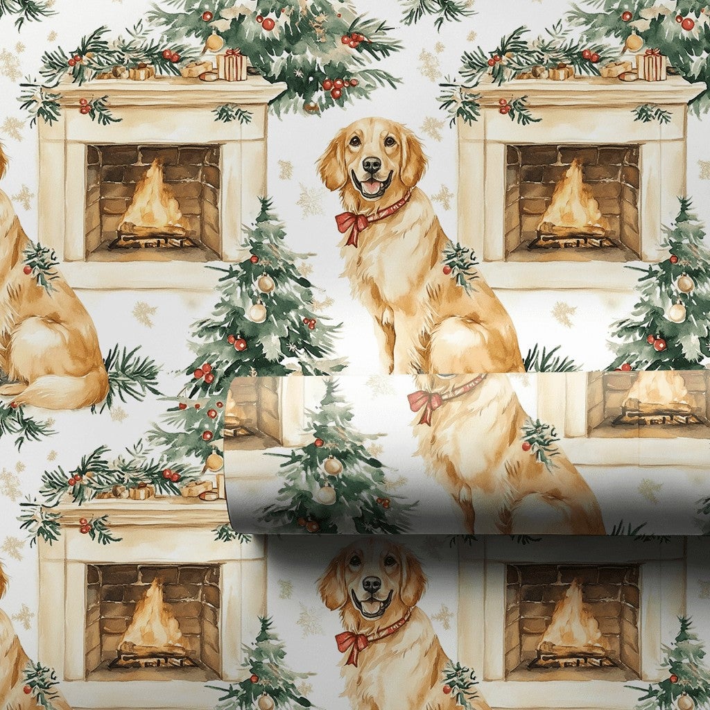 Dog Holiday Gift Wrap, Golden Retriever Christmas Wrapping Paper, Fireplace Dog Wrapping Paper, Adorable Puppy Gift Wrap, Pet