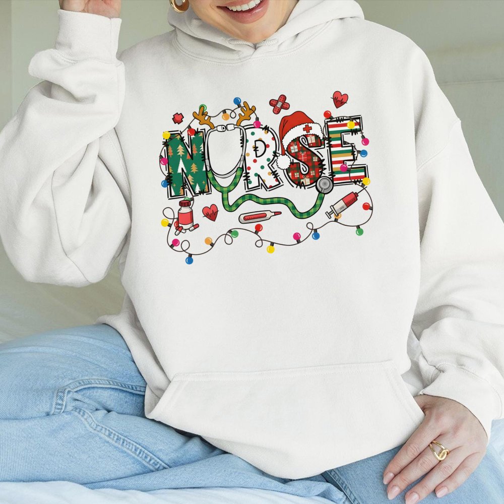 Festive Stethoscope Hooded Sweatshirt, Christmas Nurse Hoodie, RN Nursing Holiday Pullover, Medical Staff Xmas Sweater, Nursi