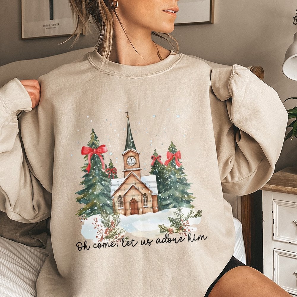 Watercolor Church Christmas Crewneck, Oh Come Let Us Adore Him Sweatshirt, Christian Nativity Religious Pullover, Holiday Fai