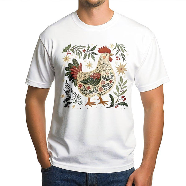 Folk Art Rooster Holiday Graphic Tee, Christmas Chicken T-Shirt, Farmhouse Winter Country T-Shirt, Festive Chicken Lover Xmas
