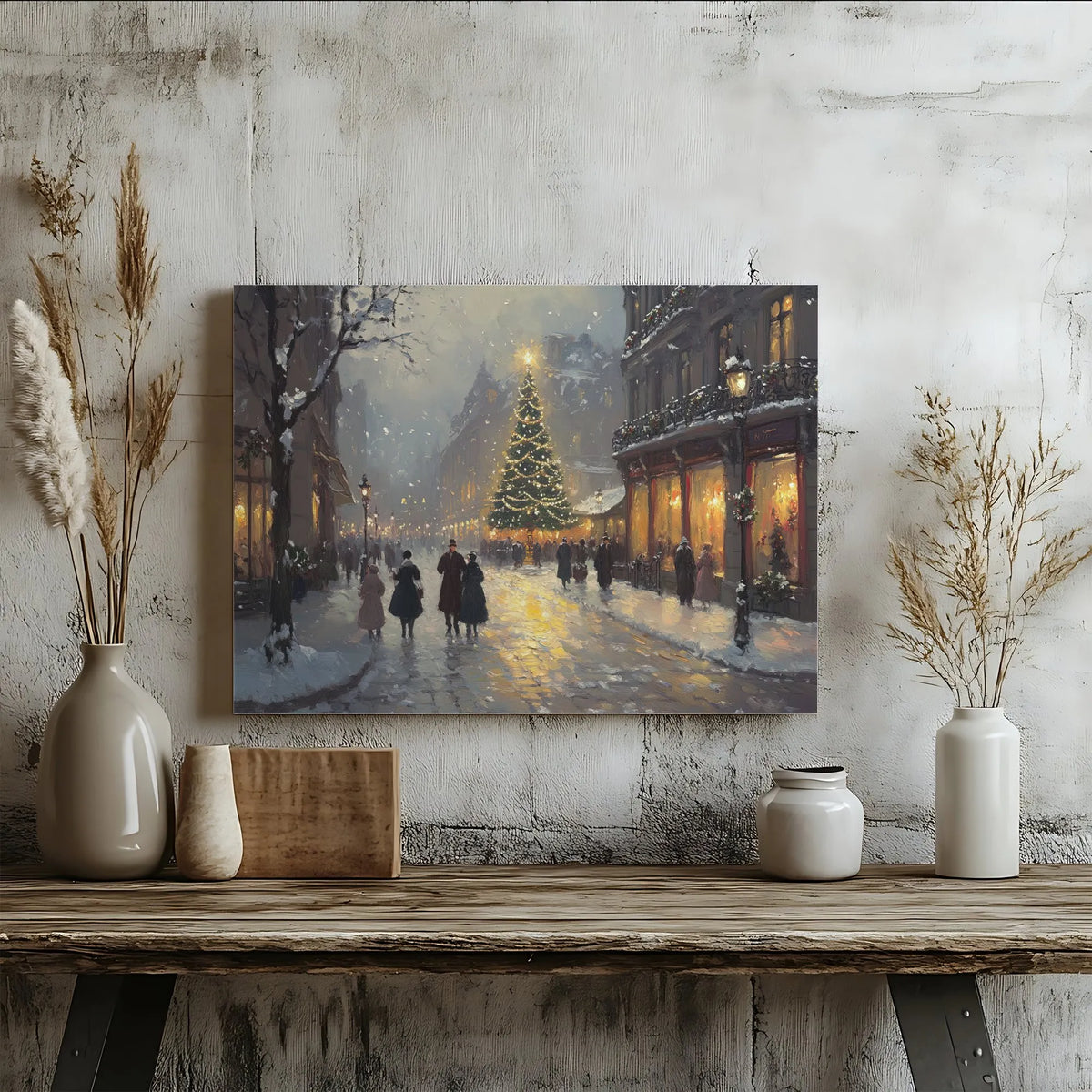 Snowy European City Wall Art, Victorian Christmas Street Scene Canvas, Festive Winter Oil Painting Print, Holiday Christmas T