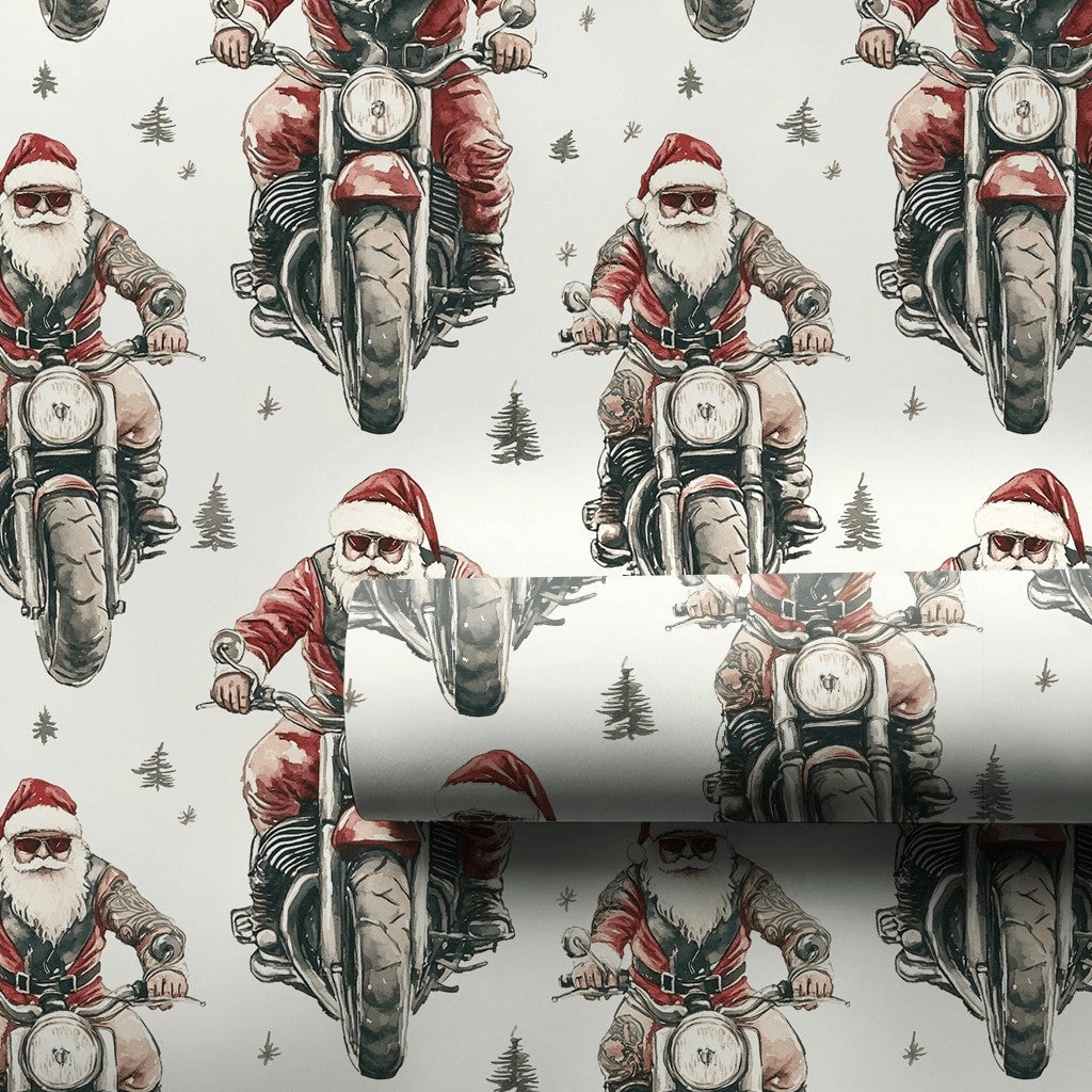 Motorcycle Christmas Gift Wrap, Biker Santa Wrapping Paper, Cool Santa Holiday Wrapping Paper, Retro Motorcyclist Xmas Gift W