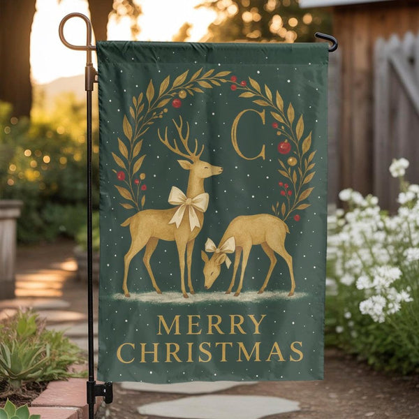 Elegant Winter Wreath Yard Flag, Christmas Golden Deer Garden Flag, Holiday Monogram Garden Flag, Festive Outdoor Decor House