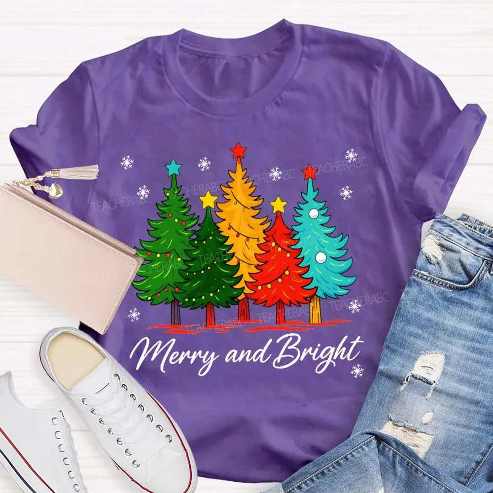 Colorful Holiday Graphic Tee, Merry and Bright Christmas Tree T-Shirt, Festive Xmas Tree Shirt, Retro Christmas Tee, Holiday 