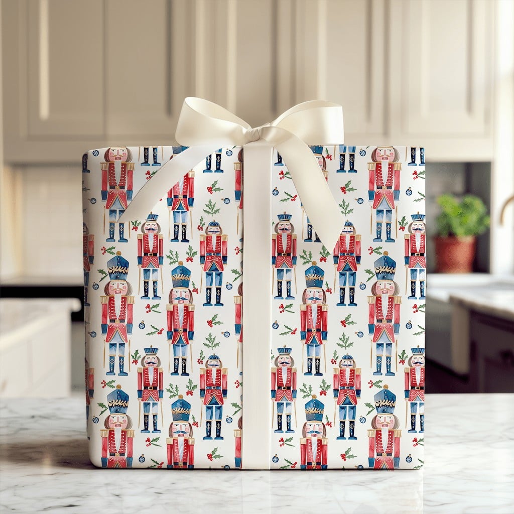 Watercolor Christmas Gift Wrap Roll, Nutcracker Wrapping Paper, Holiday Nutcracker Soldier Wrapping Paper, Festive Xmas Gift 