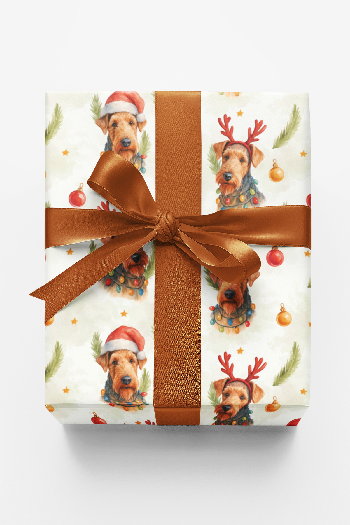 Antler Santa Hat Dog Gift Wrap, Airedale Terrier Christmas Wrapping Paper, Festive Puppy Holiday Wrapping Paper, Dog Lover Pr
