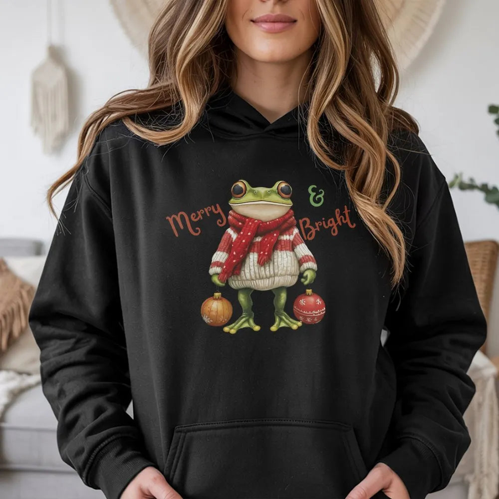 Merry and Bright Frog Sweatshirt, Christmas Frog Hoodie, Adorable Animal Holiday Hoodie, Festive Xmas Frog Hooded Pullover, W