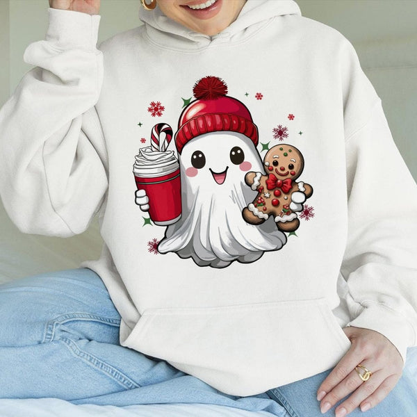 Gingerbread Man Winter Hooded Sweatshirt, Adorable Christmas Ghost Hoodie, Comfy Spooky Xmas Pullover, Kawaii Holiday Ghost S